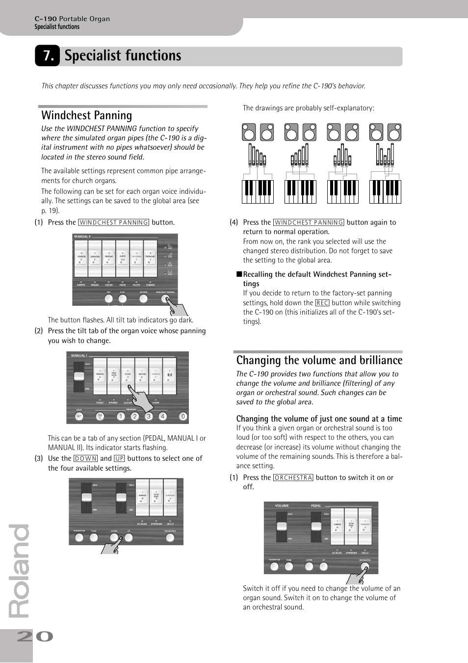 Specialist functions, Windchest panning, Changing the volume and brilliance | Roland C-190 User Manual | Page 20 / 152