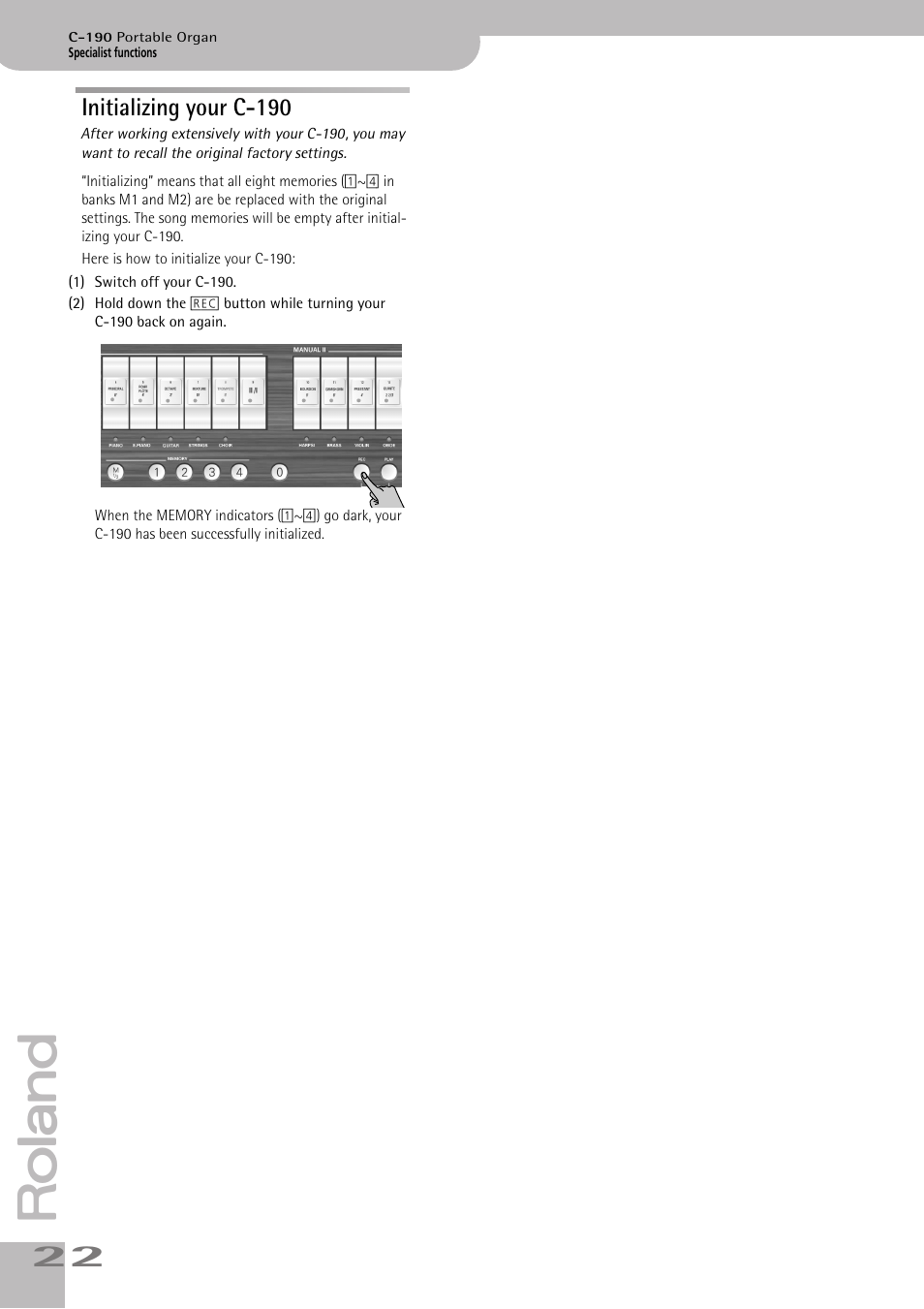 Initializing your c190, Initializing your c-190 | Roland C-190 User Manual | Page 22 / 152