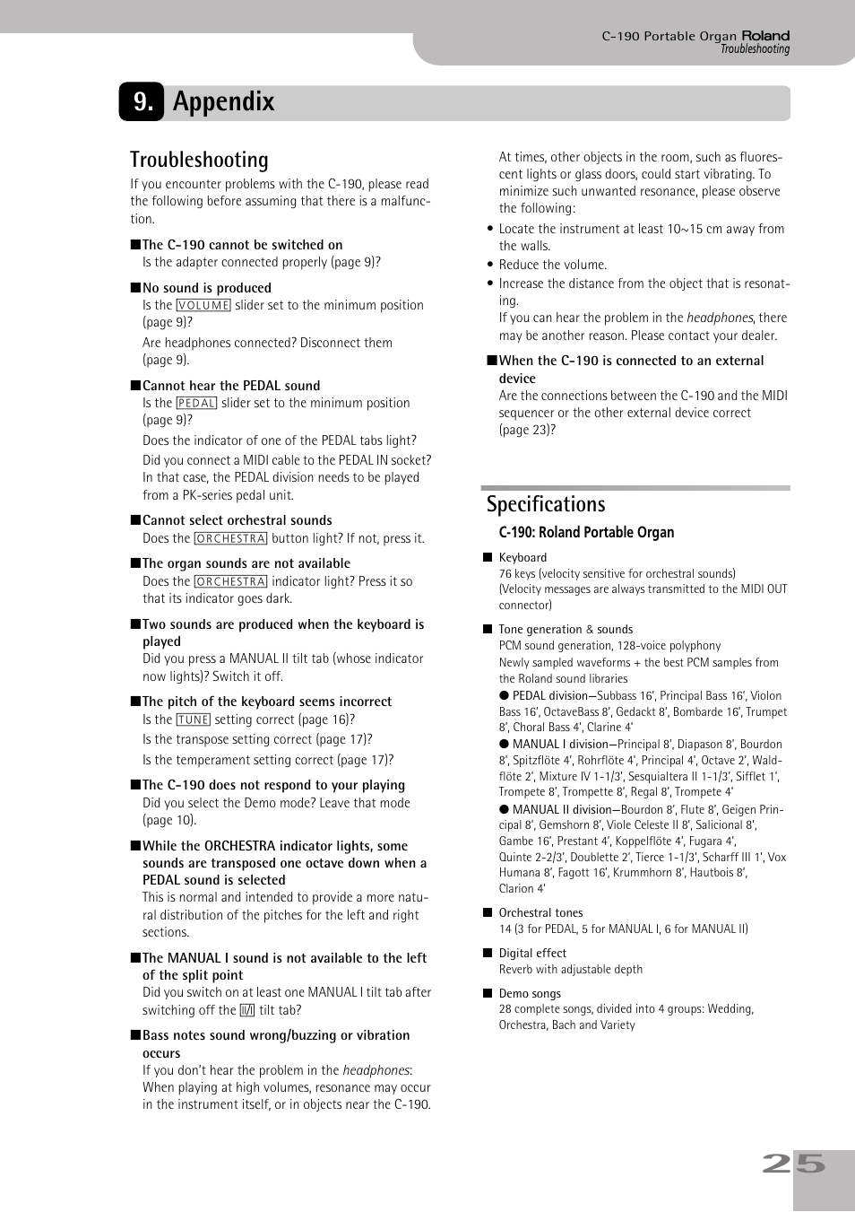 Appendix, Troubleshooting, Specifications | Troubleshooting specifications, 25 9. appendix | Roland C-190 User Manual | Page 25 / 152