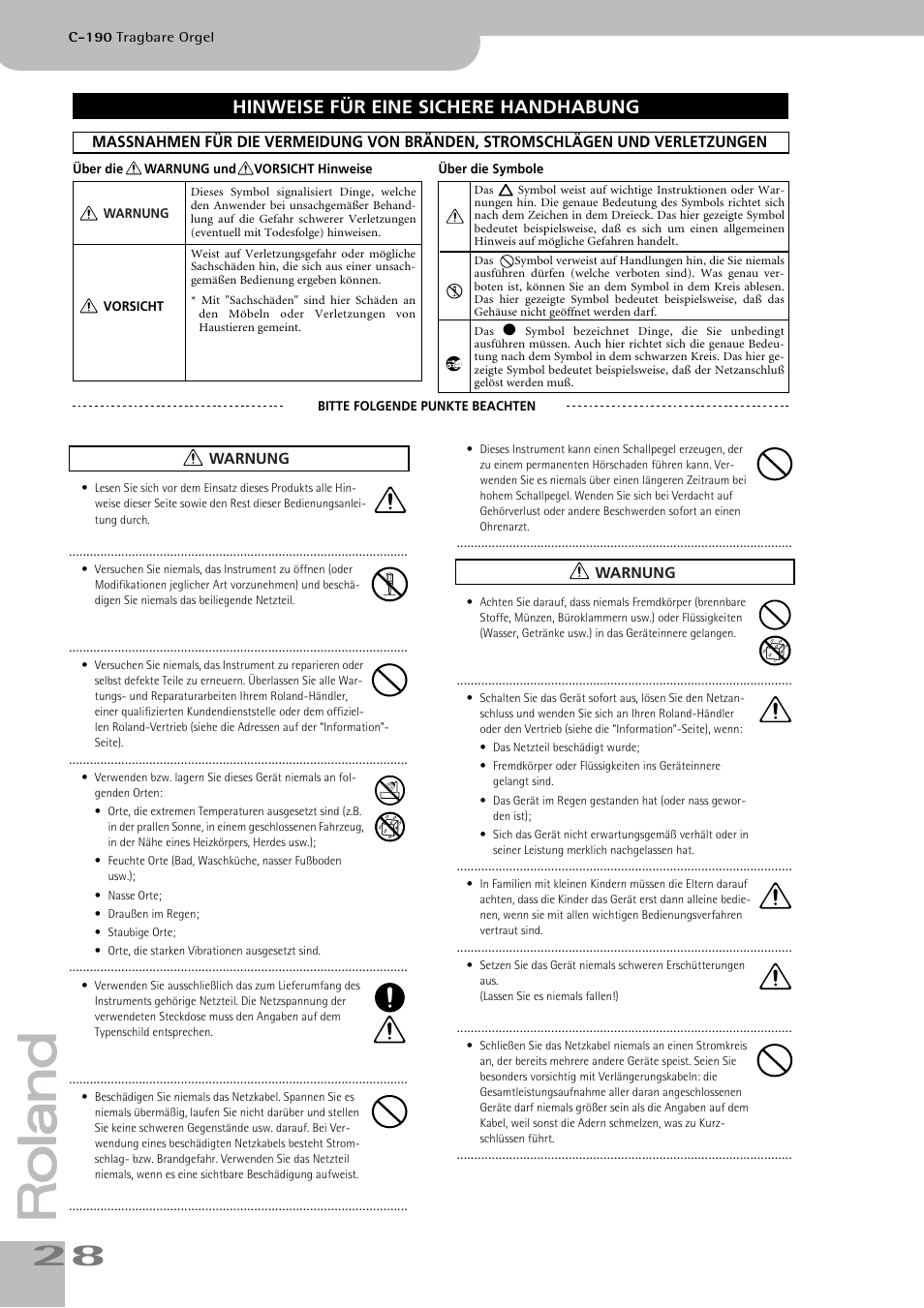 Hinweise für eine sichere handhabung | Roland C-190 User Manual | Page 28 / 152