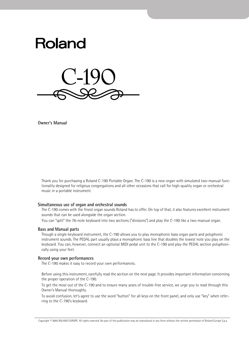 C-190 | Roland C-190 User Manual | Page 3 / 152