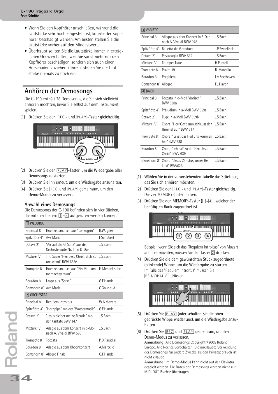 Anhören der demosongs, Demo-modus der c-190 zu aktivieren (siehe s. 34) | Roland C-190 User Manual | Page 34 / 152