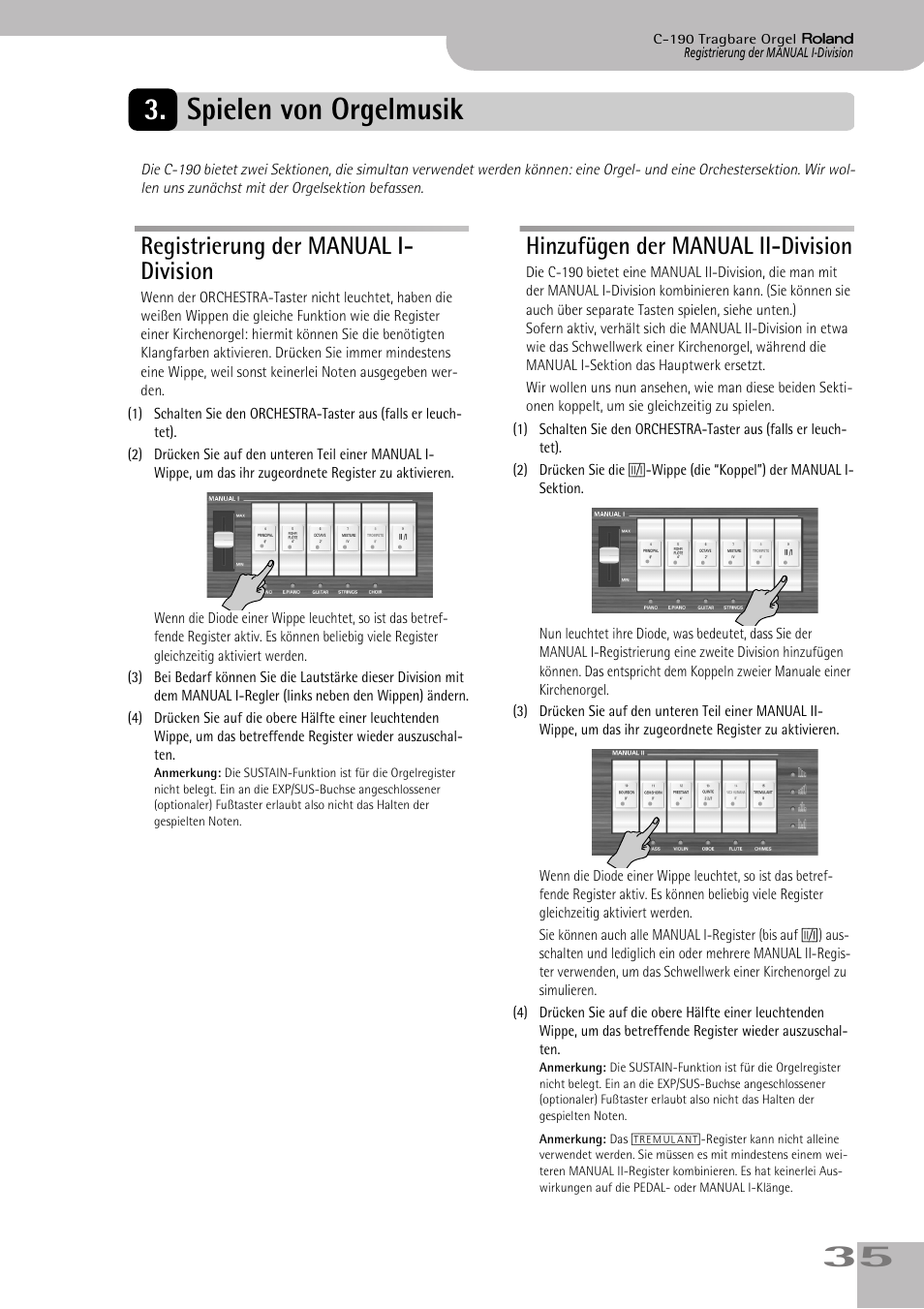 Spielen von orgelmusik, Registrierung der manual i- division, Hinzufügen der manual ii-division | 35 3. spielen von orgelmusik | Roland C-190 User Manual | Page 35 / 152