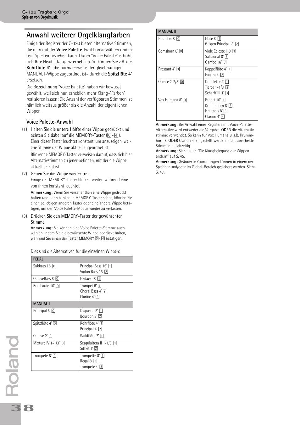 Anwahl weiterer orgelklangfarben | Roland C-190 User Manual | Page 38 / 152