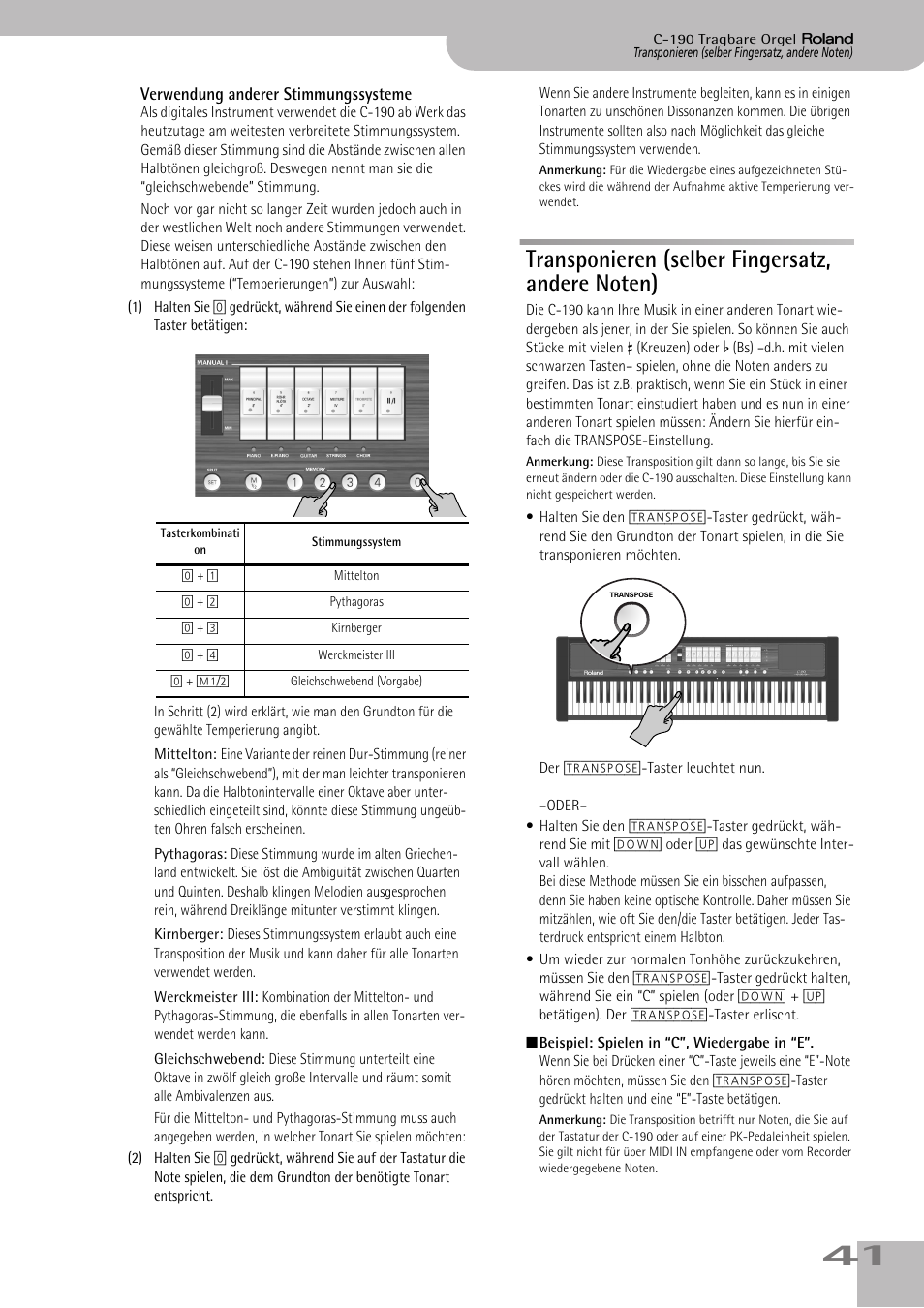 Transponieren (selber fingersatz, andere noten), Gegeben werden. siehe s. 41 | Roland C-190 User Manual | Page 41 / 152