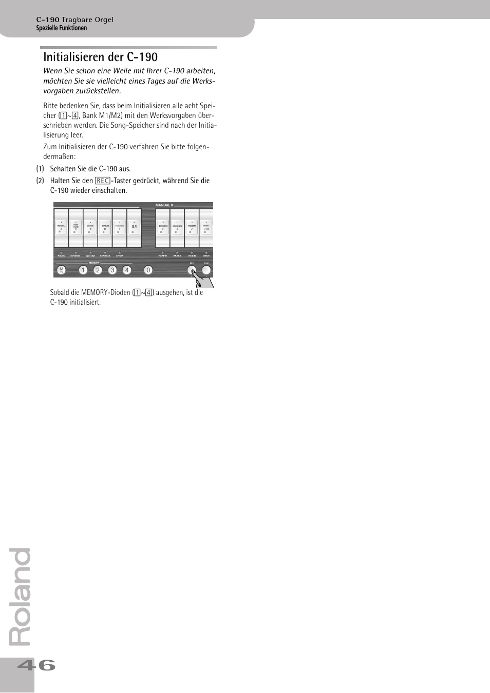 Initialisieren der c190, Initialisieren der c-190 | Roland C-190 User Manual | Page 46 / 152