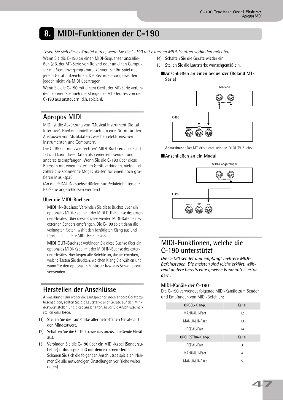 Midi-funktionen der c190, Apropos midi, Herstellen der anschlüsse | Midi-funktionen, welche die c190 unterstützt, Midi-funktionen der c-190, Midi-funktionen, welche die c-190 unterstützt | Roland C-190 User Manual | Page 47 / 152