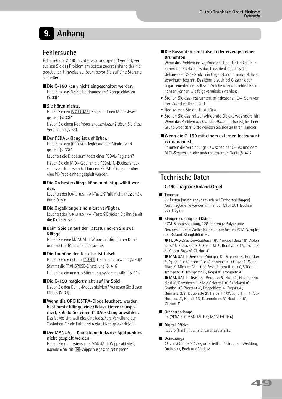 Anhang, Fehlersuche, Technische daten | Fehlersuche technische daten, 49 9. anhang | Roland C-190 User Manual | Page 49 / 152