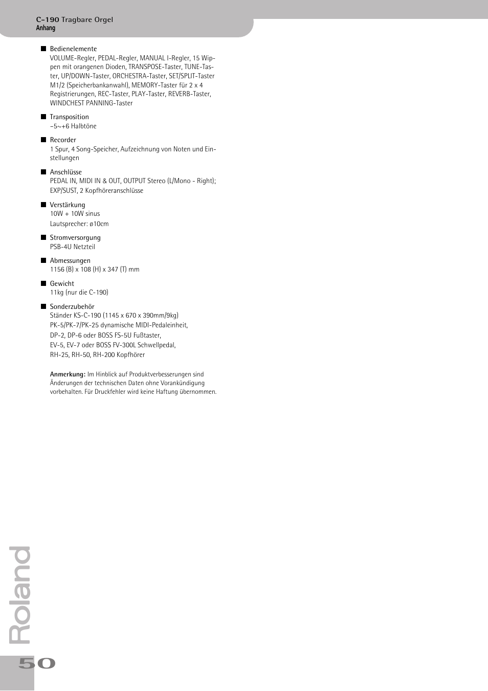 Roland C-190 User Manual | Page 50 / 152