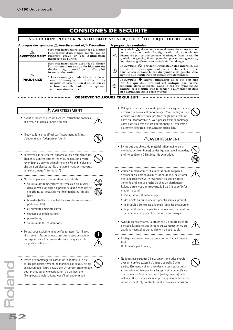Consignes de securité | Roland C-190 User Manual | Page 52 / 152