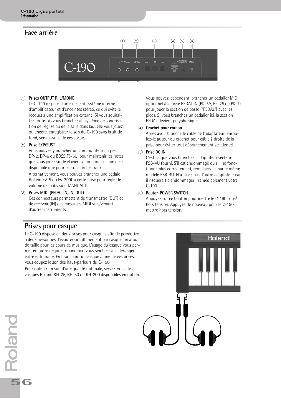 Face arrière, Prises pour casque, Face arrière prises pour casque | Roland C-190 User Manual | Page 56 / 152