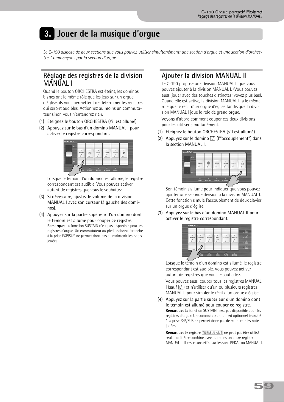 Jouer de la musique d’orgue, Réglage des registres de la division manual i, Ajouter la division manual ii | 59 3. jouer de la musique d’orgue | Roland C-190 User Manual | Page 59 / 152