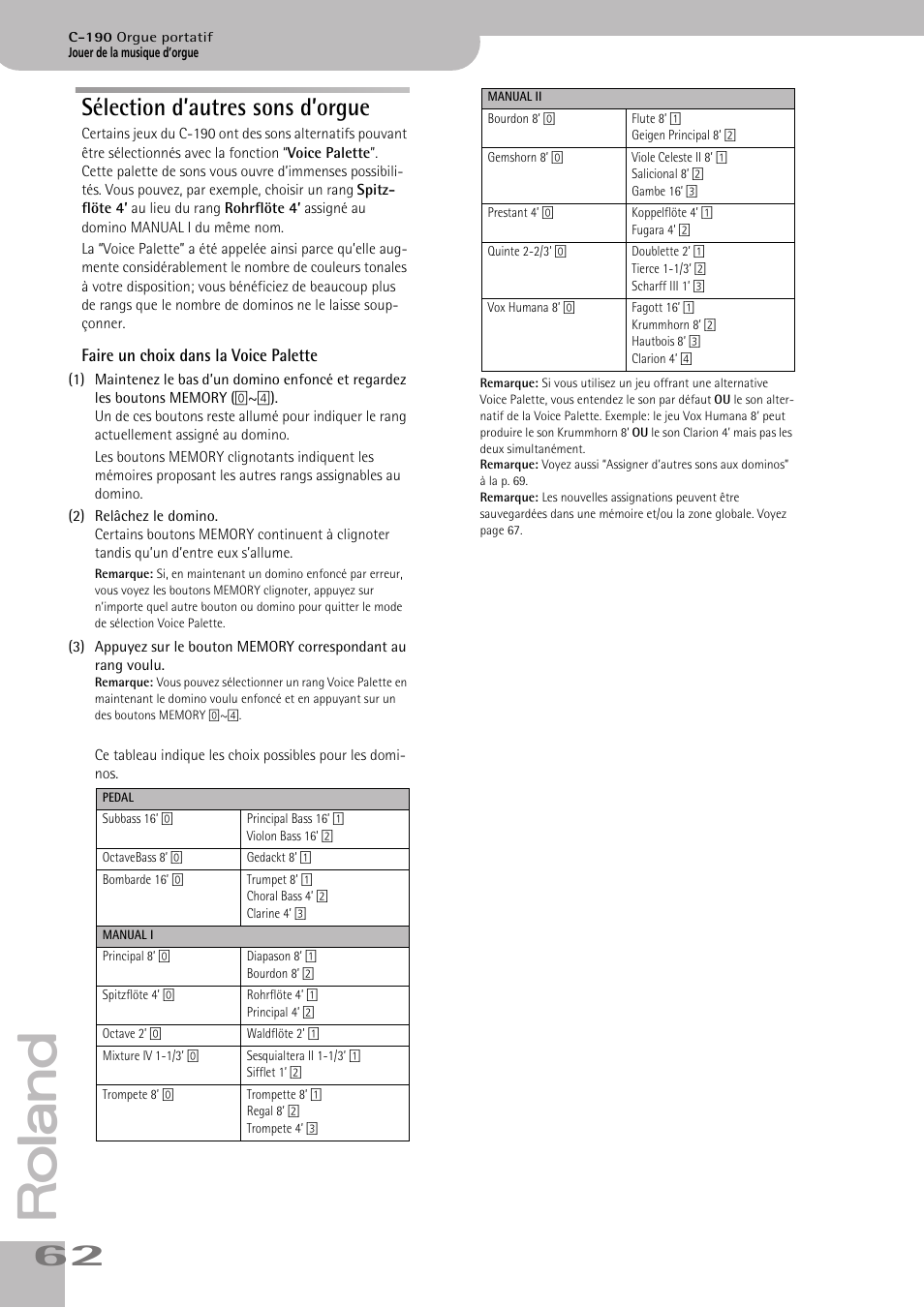 Sélection d’autres sons d’orgue | Roland C-190 User Manual | Page 62 / 152