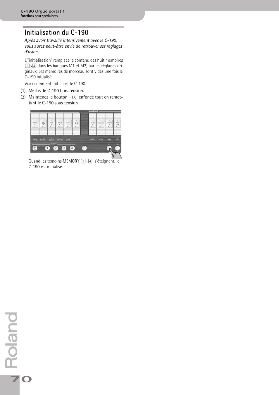 Initialisation du c190, Initialisation du c-190 | Roland C-190 User Manual | Page 70 / 152