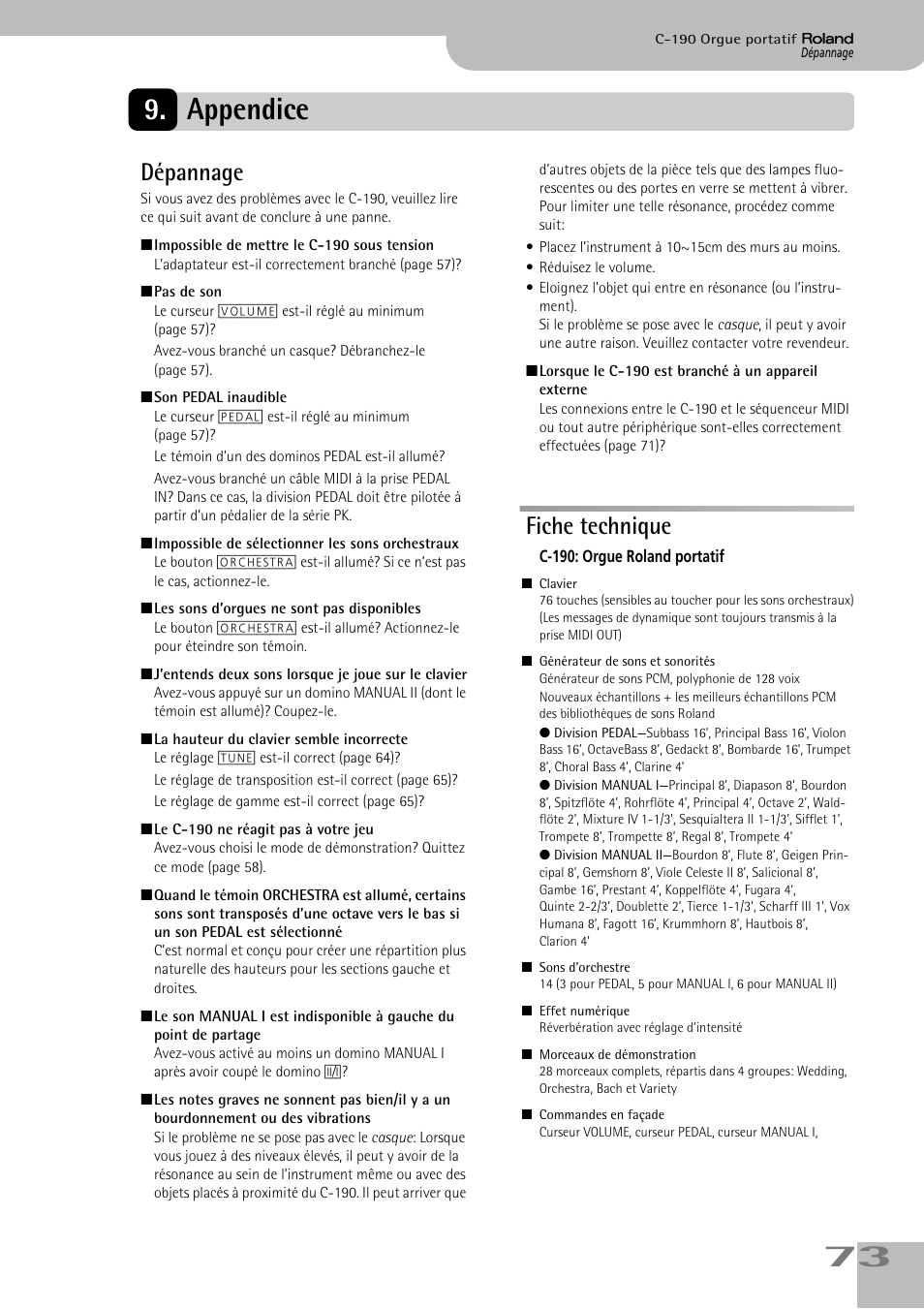 Appendice, Dépannage, Fiche technique | Dépannage fiche technique, 73 9. appendice | Roland C-190 User Manual | Page 73 / 152