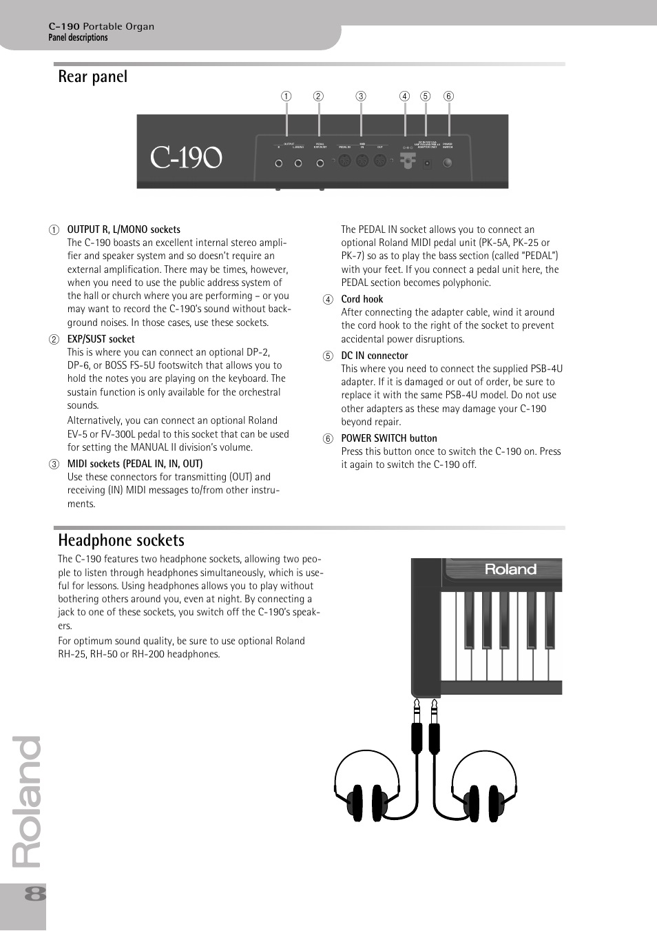 Rear panel, Headphone sockets, Rear panel headphone sockets | Roland C-190 User Manual | Page 8 / 152