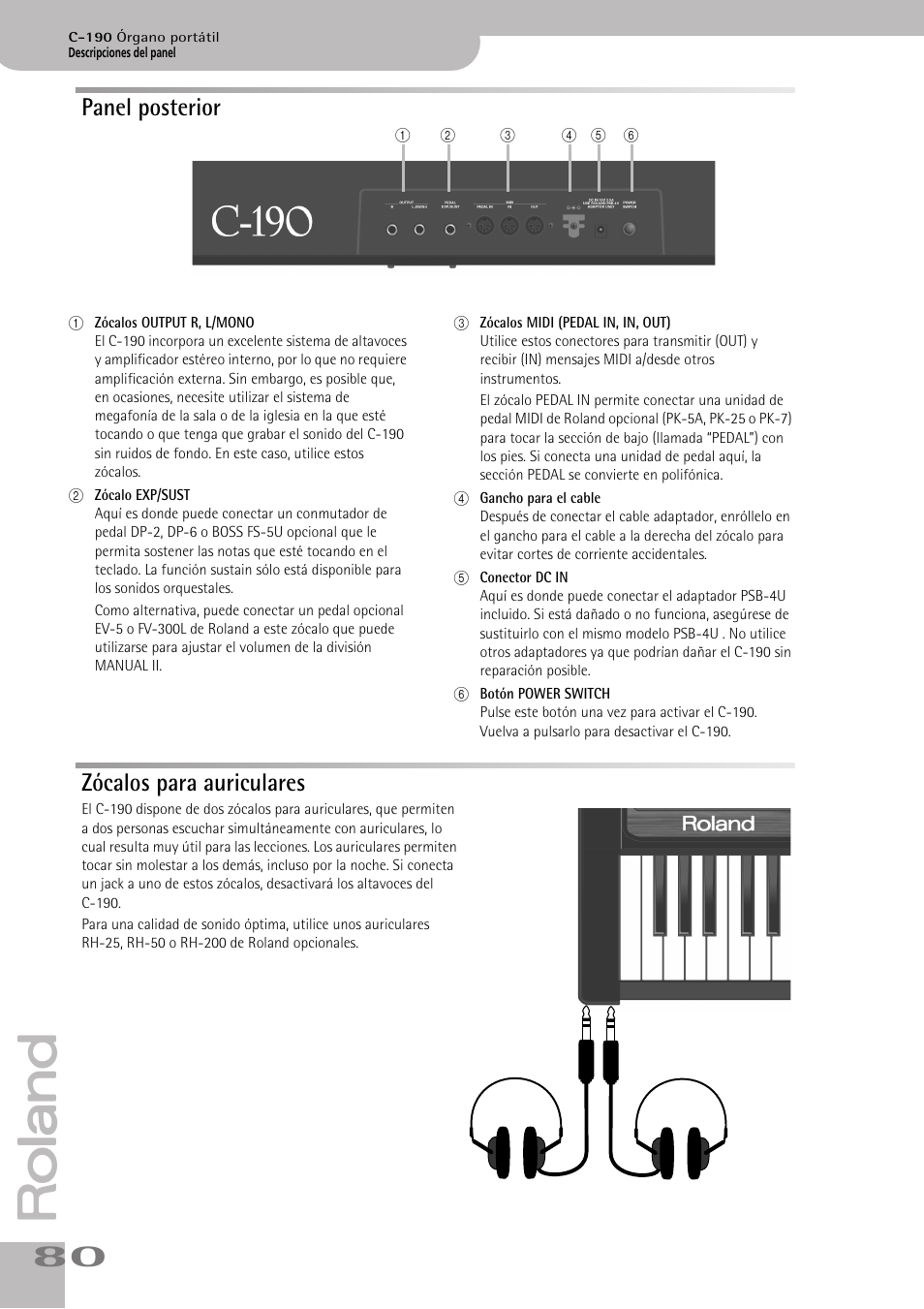Panel posterior, Zócalos para auriculares, Panel posterior zócalos para auriculares | Roland C-190 User Manual | Page 80 / 152