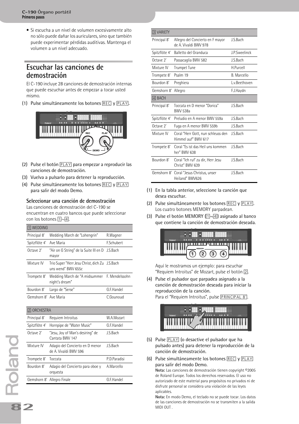 Escuchar las canciones de demostración, Activará el modo demo del c-190(consulte la p. 82) | Roland C-190 User Manual | Page 82 / 152
