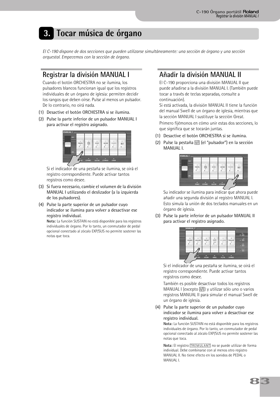 Tocar música de órgano, Registrar la división manual i, Añadir la división manual ii | 83 3. tocar música de órgano | Roland C-190 User Manual | Page 83 / 152