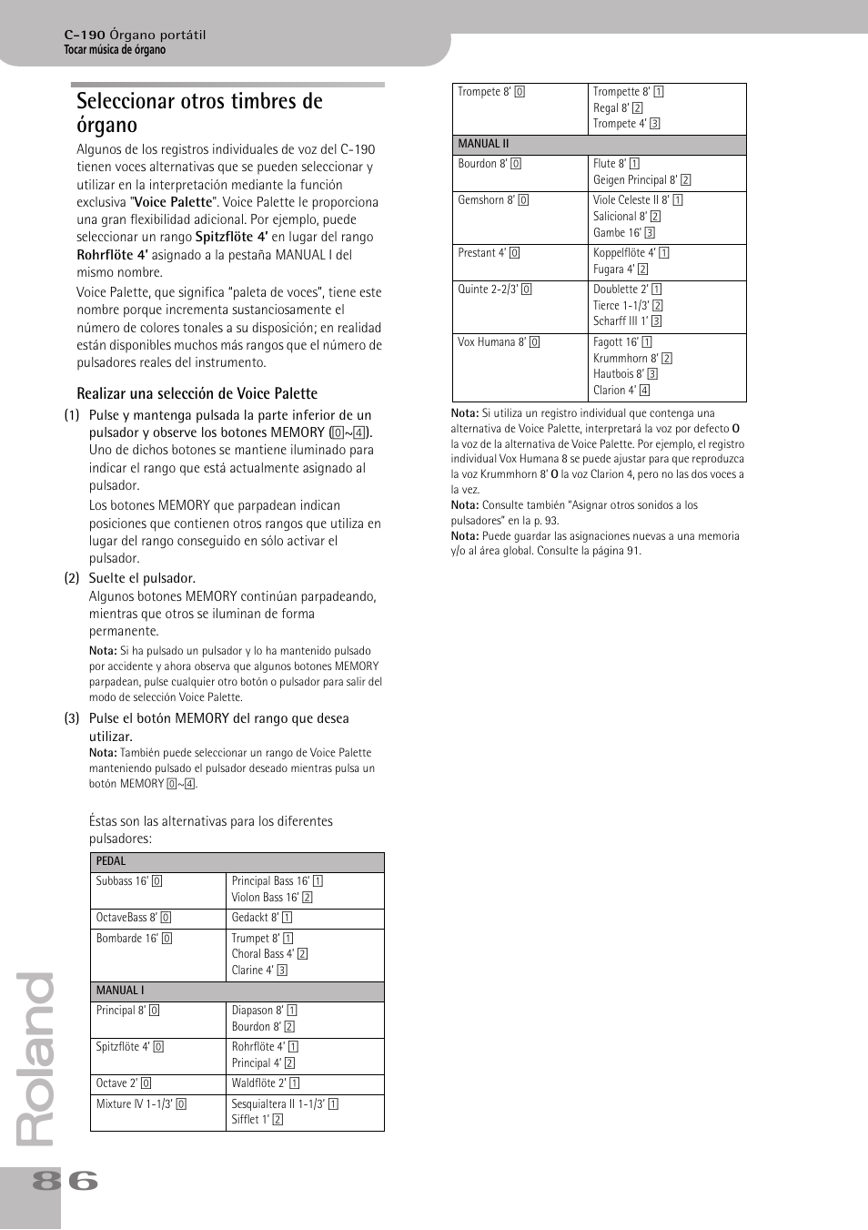 Seleccionar otros timbres de órgano | Roland C-190 User Manual | Page 86 / 152