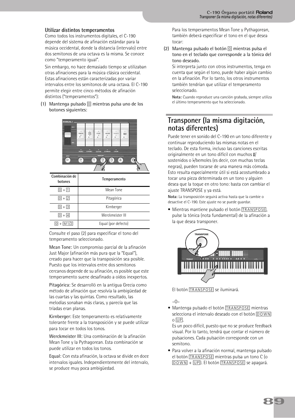 Transponer (la misma digitación, notas diferentes), P. 89 | Roland C-190 User Manual | Page 89 / 152