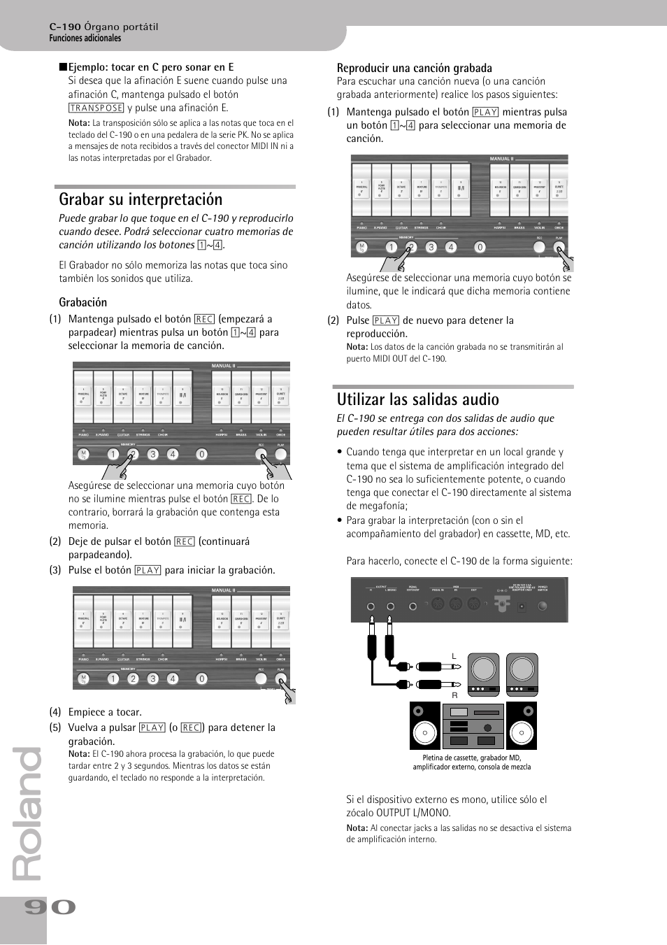 Grabar su interpretación, Utilizar las salidas audio, Consulte la p. 90 | Roland C-190 User Manual | Page 90 / 152
