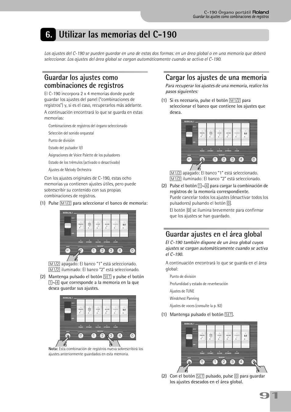 Utilizar las memorias del c190, Cargar los ajustes de una memoria, Guardar ajustes en el área global | Utilizar las memorias del c-190 | Roland C-190 User Manual | Page 91 / 152