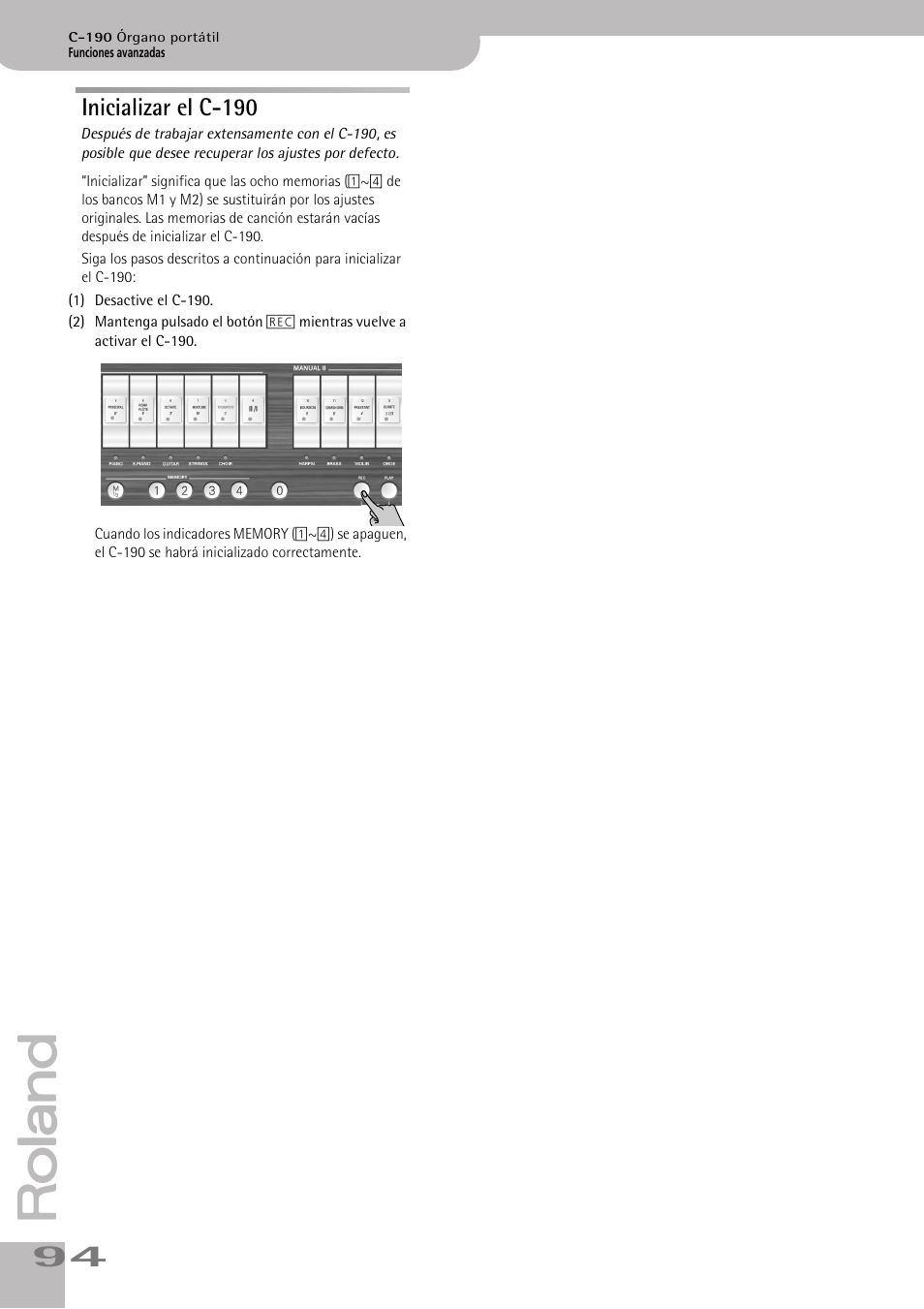 Inicializar el c190, Inicializar el c-190 | Roland C-190 User Manual | Page 94 / 152