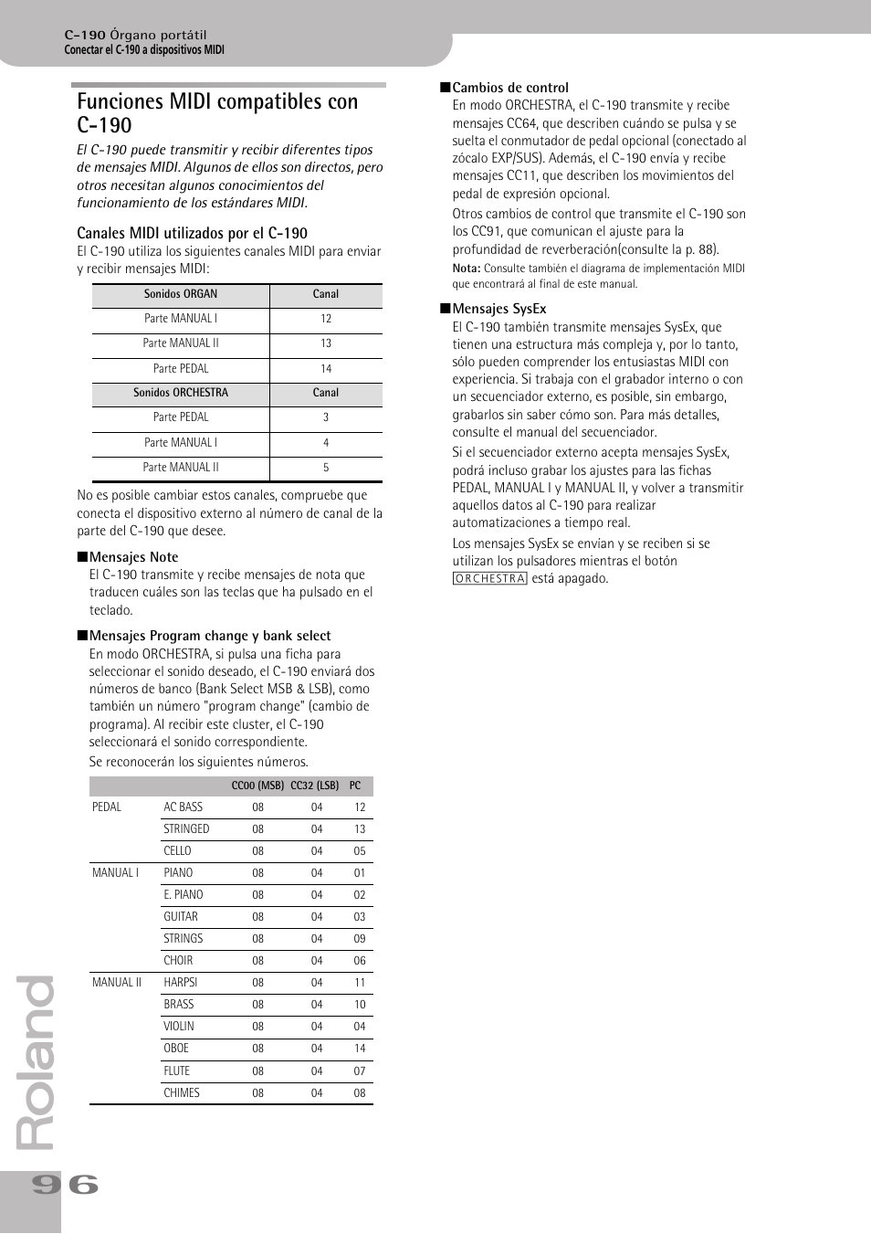 Funciones midi compatibles con c190, Funciones midi compatibles con c-190 | Roland C-190 User Manual | Page 96 / 152