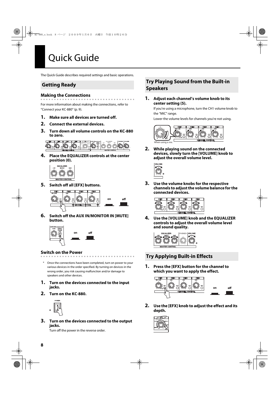 Quick guide, Getting ready, Try playing sound from the built-in speakers | Try applying built-in effects | Roland KC-880 User Manual | Page 8 / 20