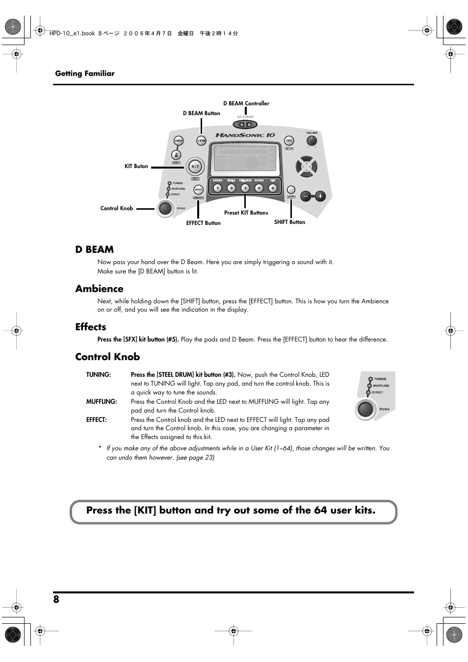 D beam, Ambience, Effects | Control knob, D beam ambience effects control knob | Roland HandSonic 10 User Manual | Page 10 / 56