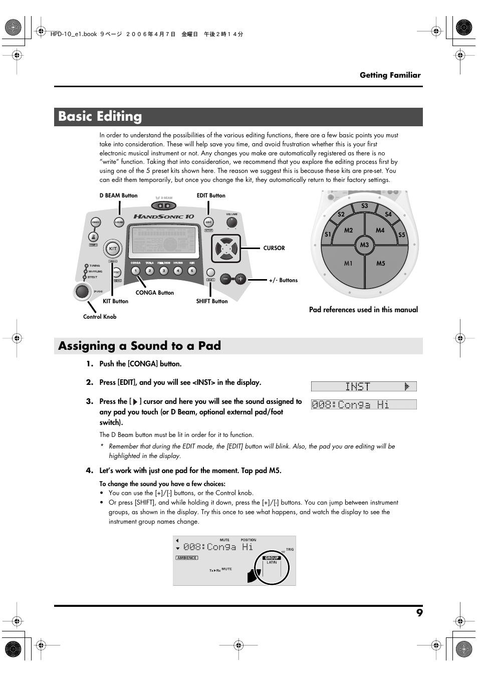 Basic editing, Assigning a sound to a pad | Roland HandSonic 10 User Manual | Page 11 / 56