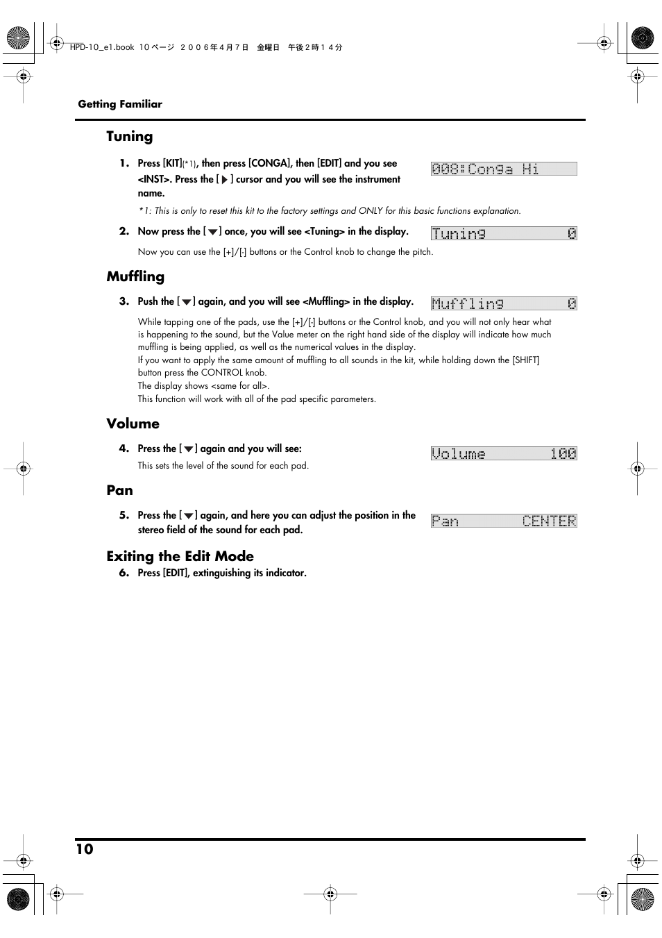 Tuning, Muffling, Volume | Exiting the edit mode | Roland HandSonic 10 User Manual | Page 12 / 56