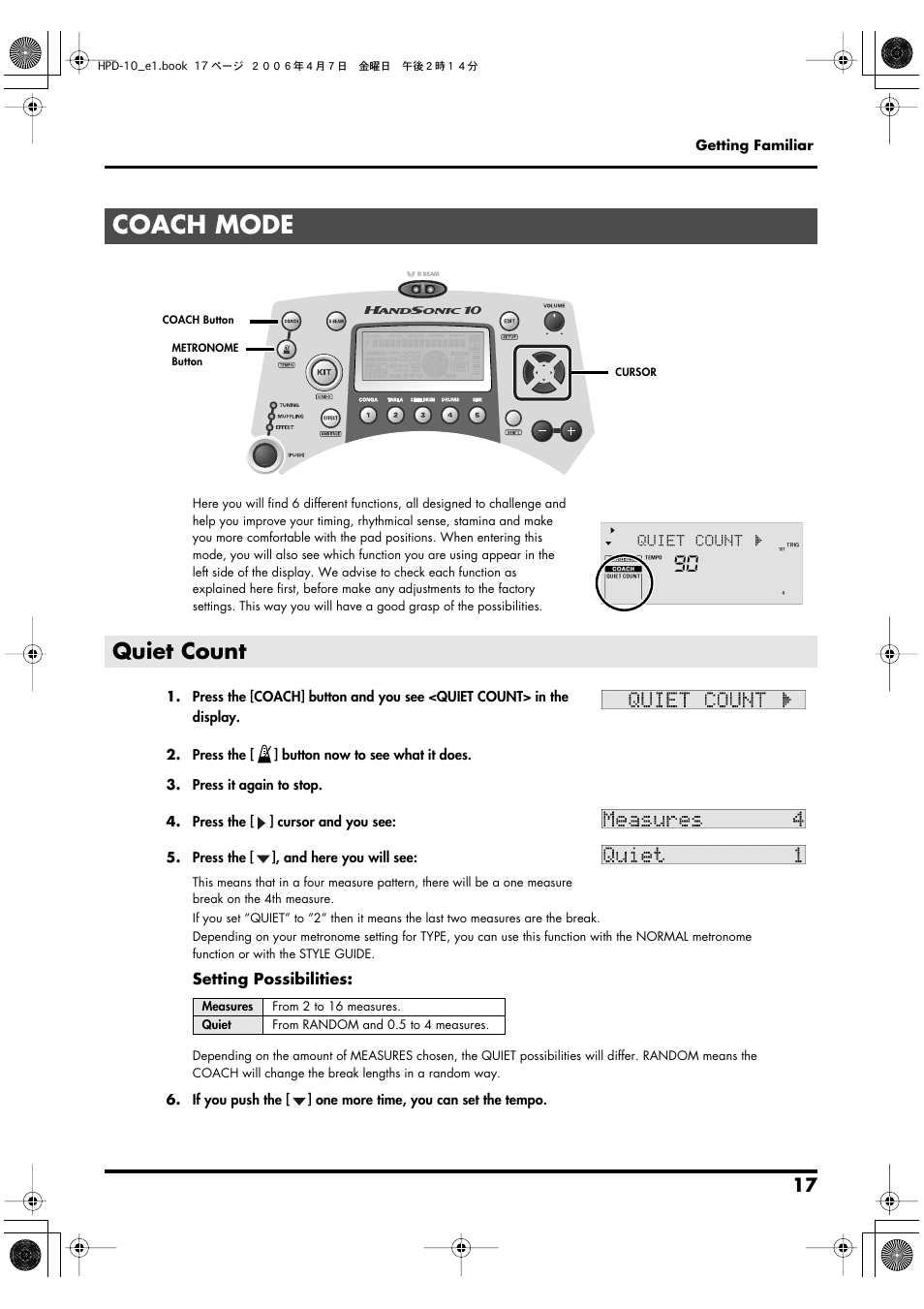 Coach mode, Quiet count | Roland HandSonic 10 User Manual | Page 19 / 56