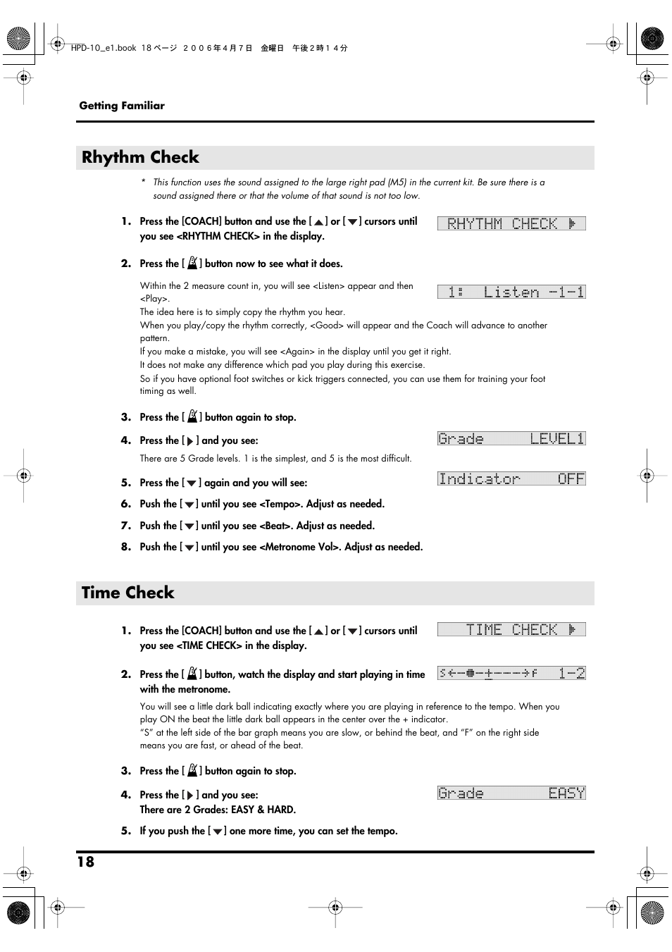 Rhythm check, Time check, Rhythm check time check | Roland HandSonic 10 User Manual | Page 20 / 56