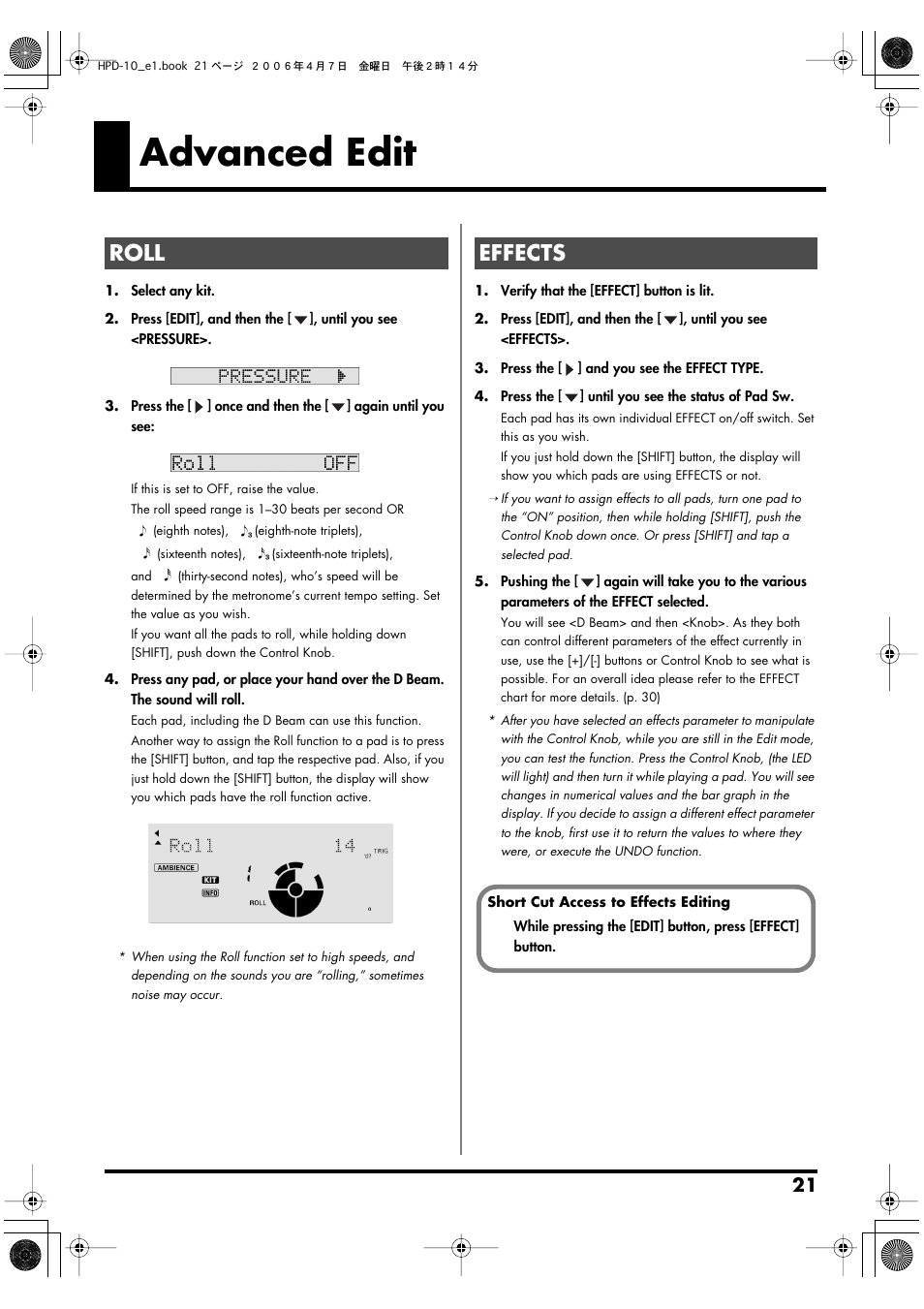 Advanced edit, Roll, Effects | Roll effects | Roland HandSonic 10 User Manual | Page 23 / 56