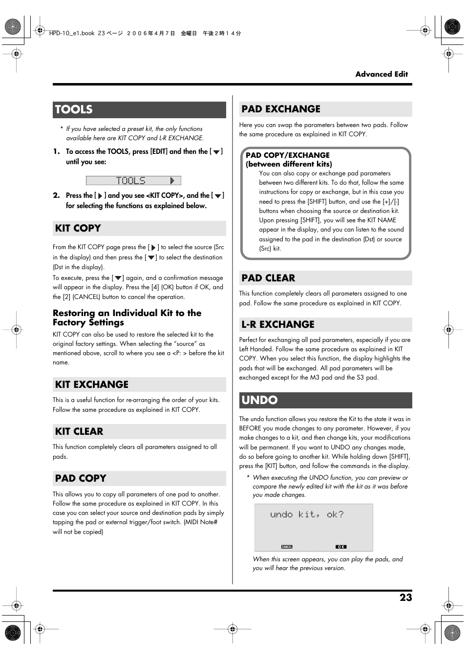 Tools, Kit copy, Kit exchange | Kit clear, Pad copy, Pad exchange, Pad clear, L-r exchange, Undo | Roland HandSonic 10 User Manual | Page 25 / 56