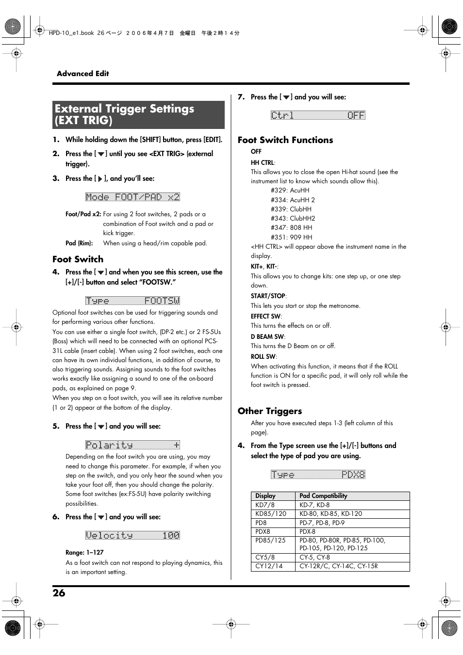 Foot switch functions, External trigger settings (ext trig), Foot switch | Other triggers | Roland HandSonic 10 User Manual | Page 28 / 56
