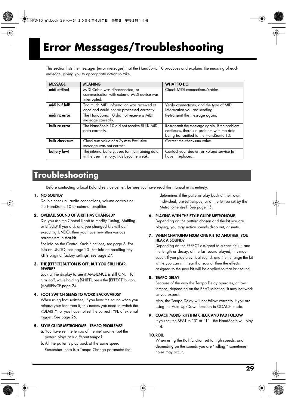Appendices, Error messages/troubleshooting, Troubleshooting | Roland HandSonic 10 User Manual | Page 31 / 56