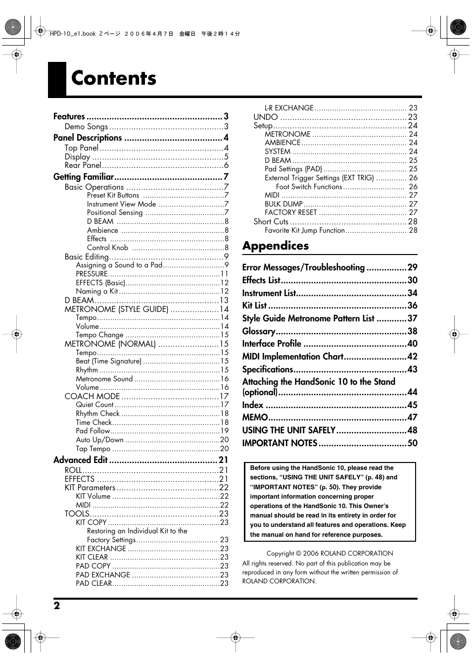 Roland HandSonic 10 User Manual | Page 4 / 56