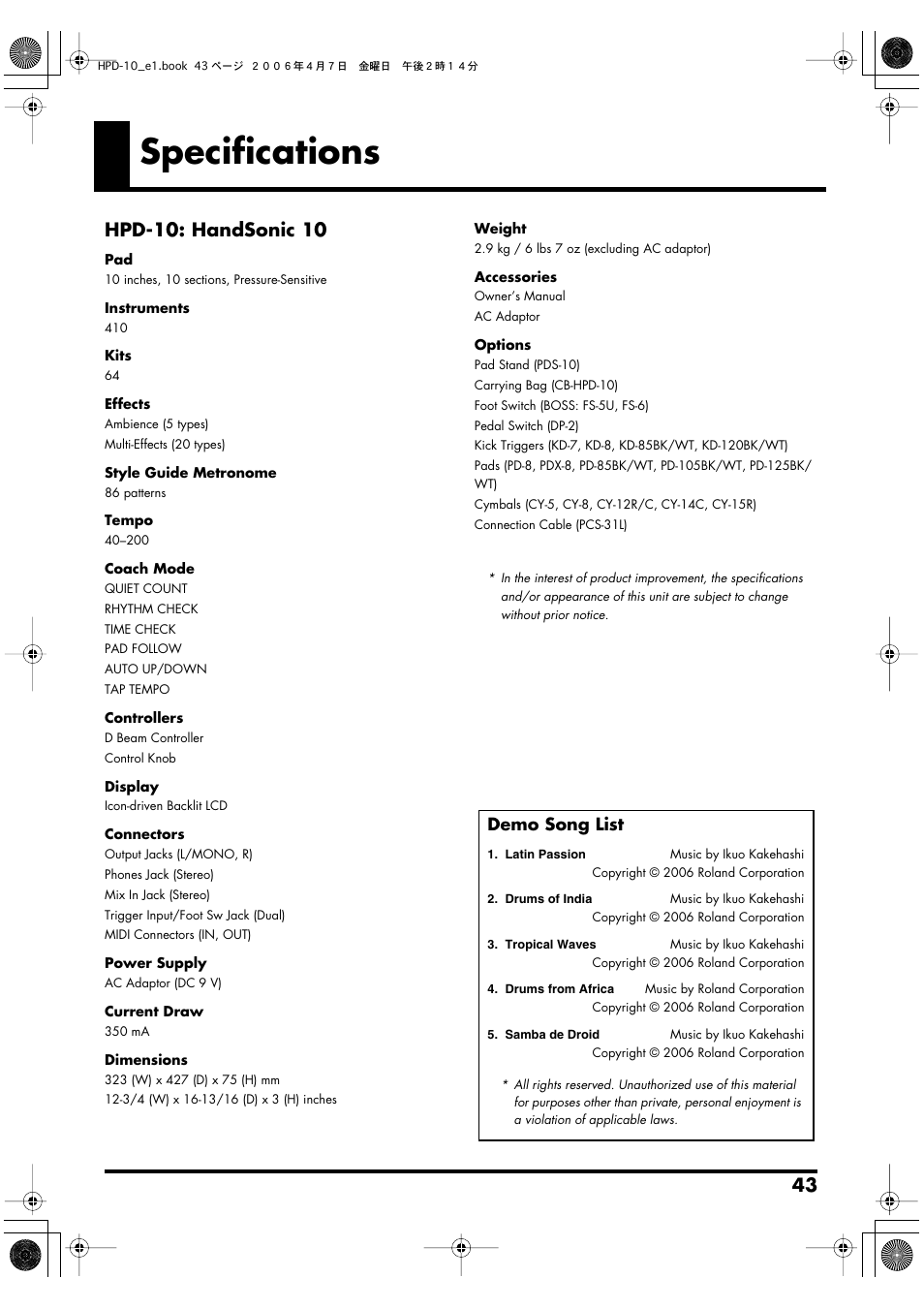 Specifications, Hpd-10: handsonic 10, Demo song list | Roland HandSonic 10 User Manual | Page 45 / 56
