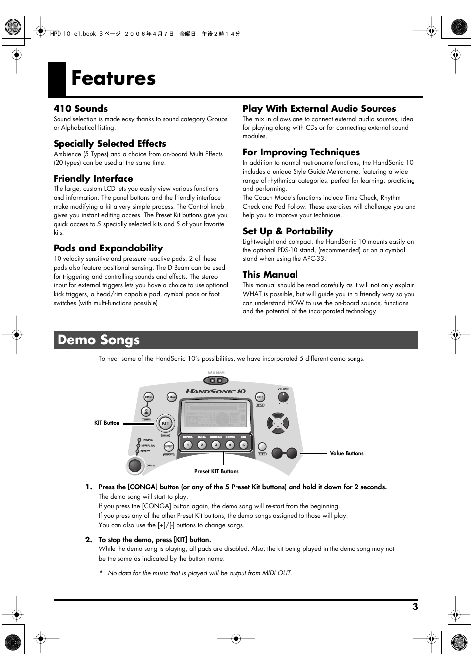 Features, Demo songs | Roland HandSonic 10 User Manual | Page 5 / 56