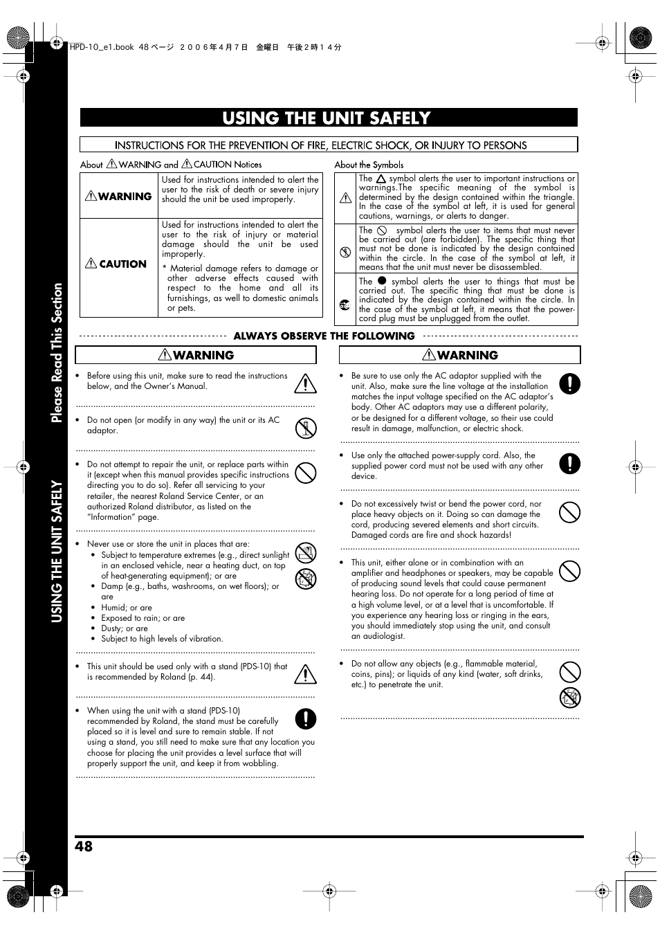 Using the unit safely, P. 48) and | Roland HandSonic 10 User Manual | Page 50 / 56