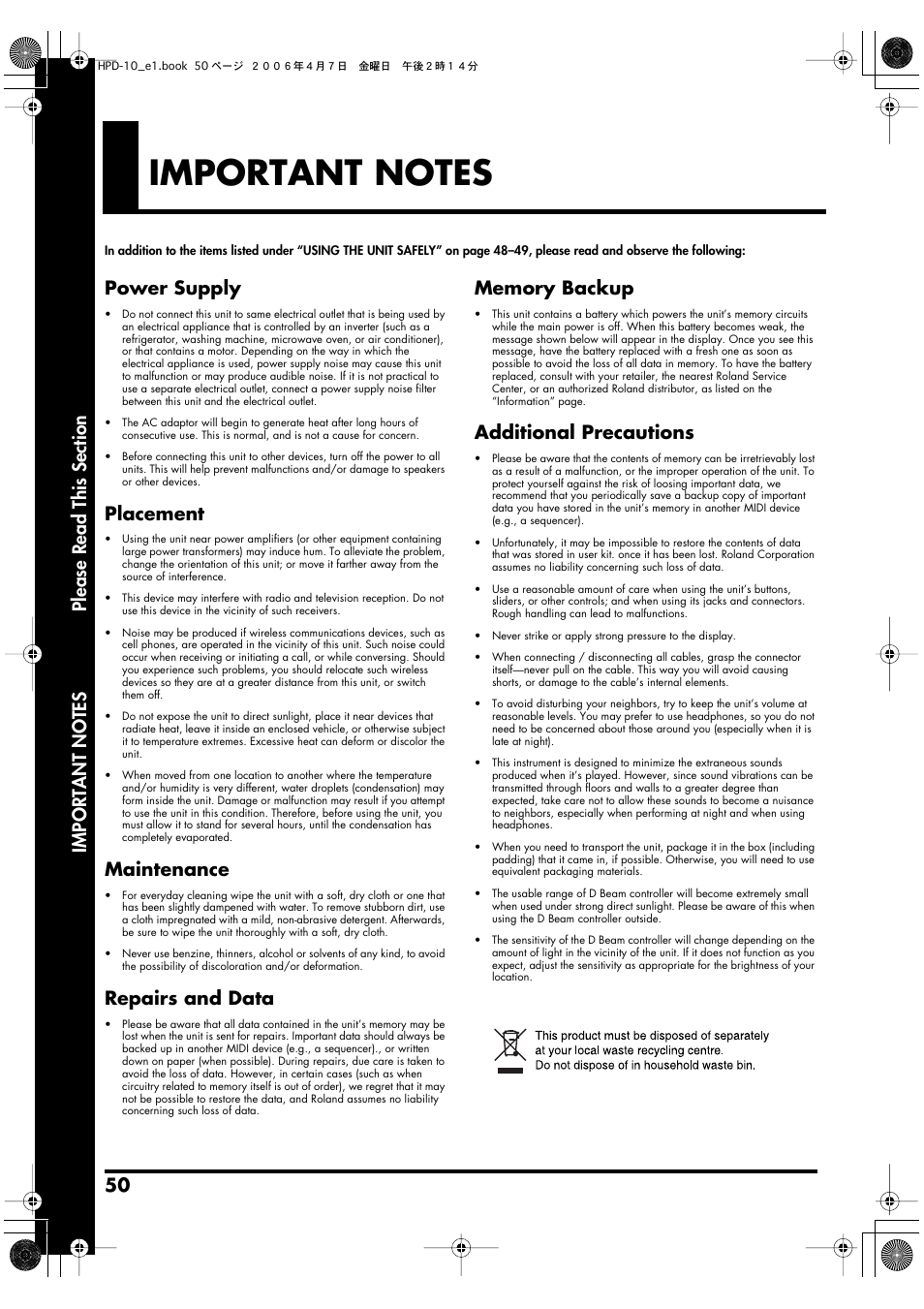 Important notes, P. 50, Power supply | Placement, Maintenance, Repairs and data, Additional precautions | Roland HandSonic 10 User Manual | Page 52 / 56