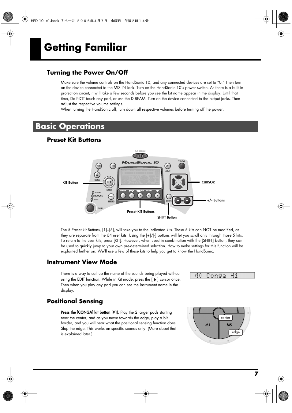 Getting familiar, Basic operations, Preset kit buttons | Instrument view mode, Positional sensing, Turning the power on/off | Roland HandSonic 10 User Manual | Page 9 / 56