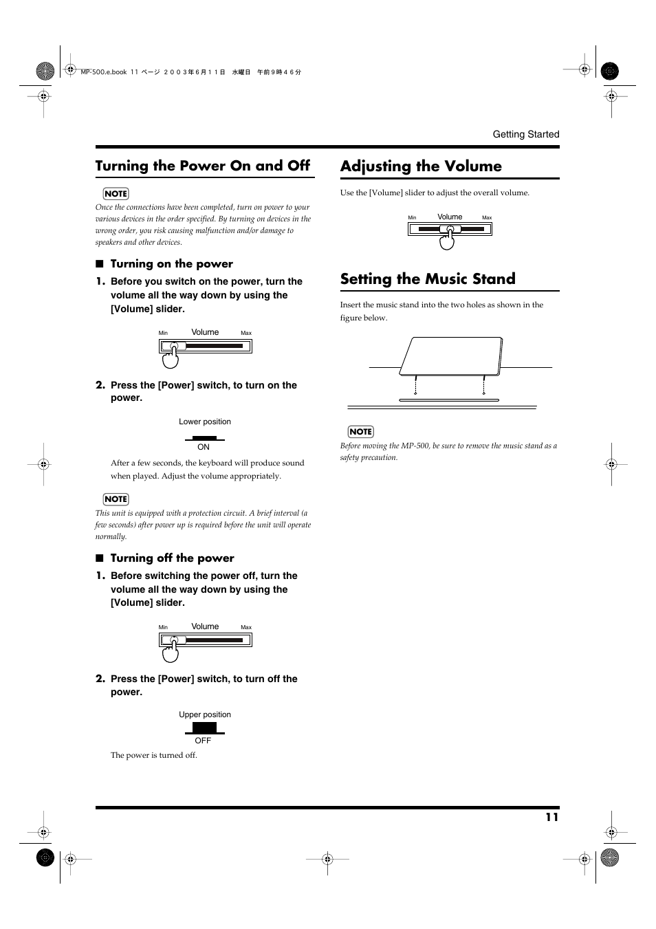 Turning the power on and off, Turning on the power, Turning off the power | Adjusting the volume, Setting the music stand, Pressed to switch the power on and off (p. 11), Adjusts the overall volume (p. 11) | Roland MP-500 User Manual | Page 11 / 44