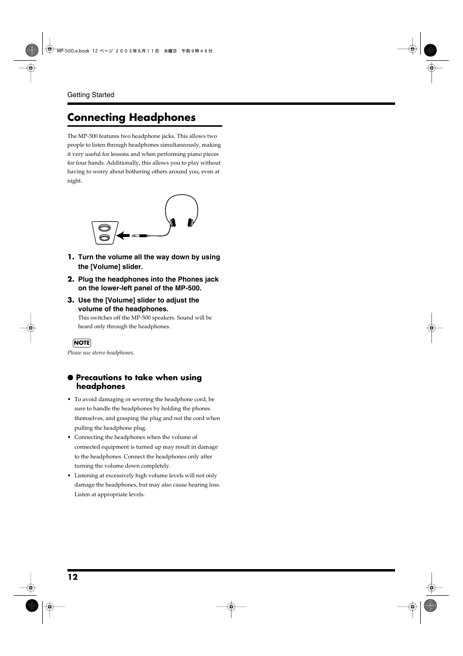 Connecting headphones | Roland MP-500 User Manual | Page 12 / 44