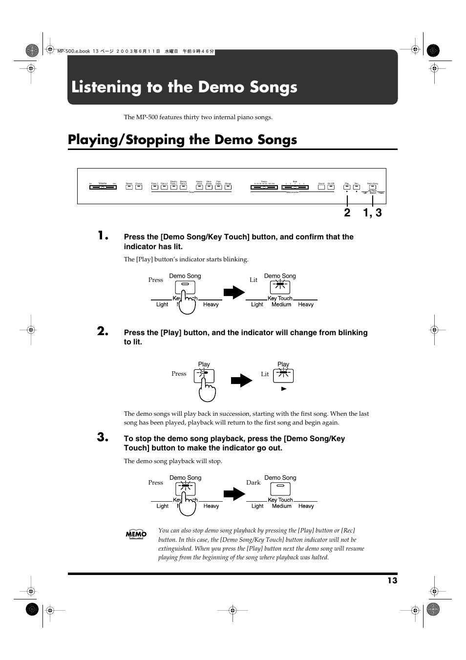 Listening to the demo songs, Playing/stopping the demo songs, This plays the demo songs (p. 13) | Roland MP-500 User Manual | Page 13 / 44