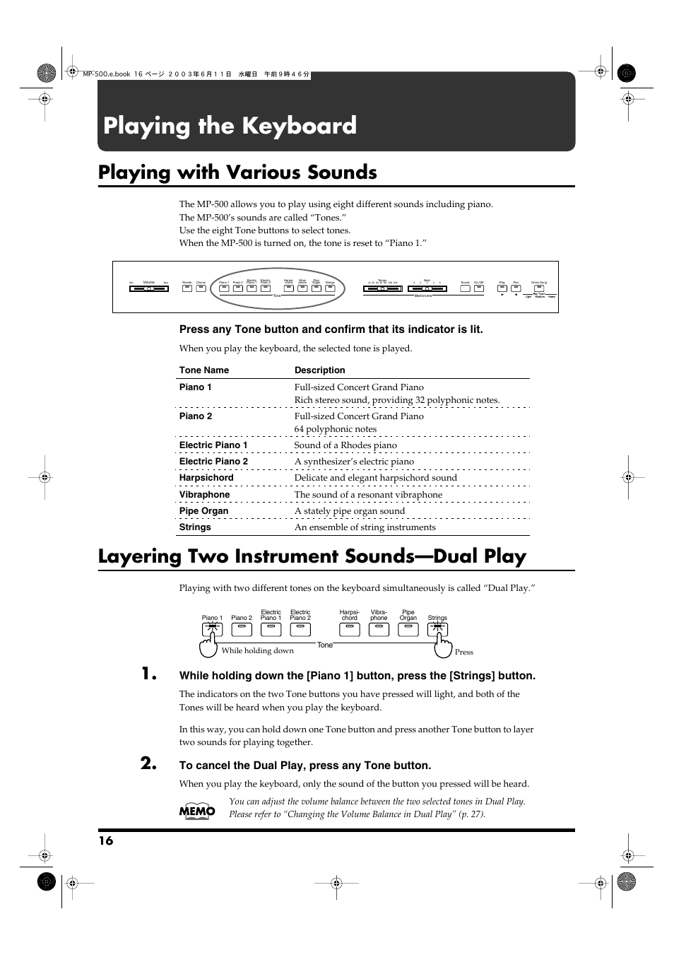 Playing the keyboard, Playing with various sounds, Layering two instrument sounds—dual play | Roland MP-500 User Manual | Page 16 / 44