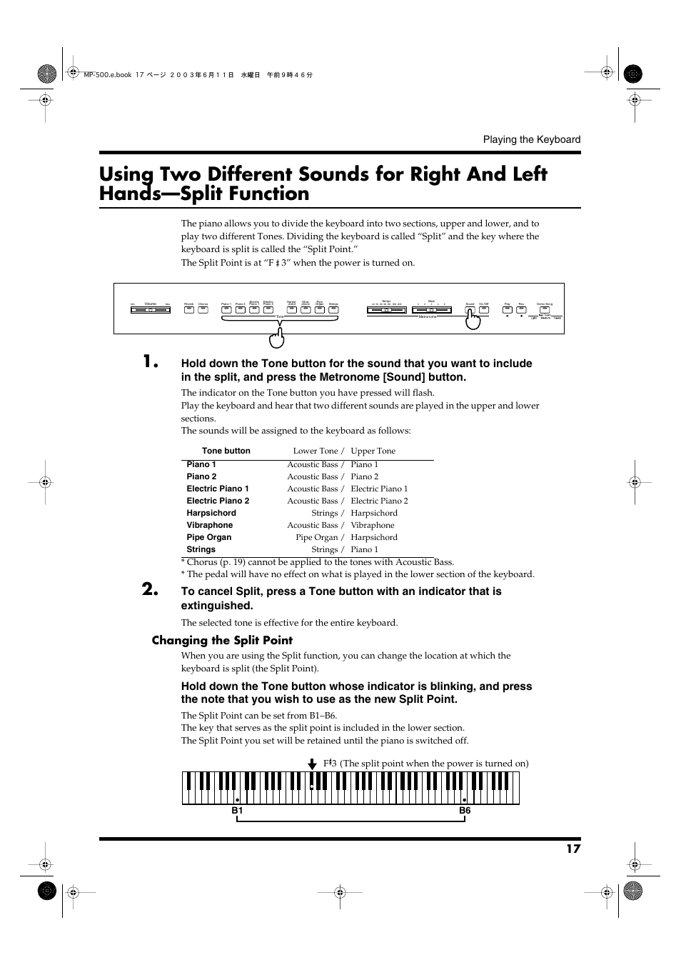 Changing the split point, Playing the keyboard | Roland MP-500 User Manual | Page 17 / 44